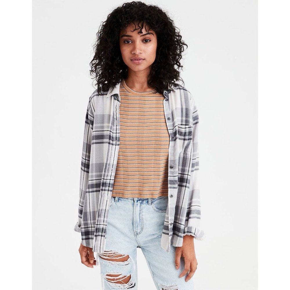 AE AMAZINGLY SOFT BOYFRIEND PLAID BUTTON-DOWN